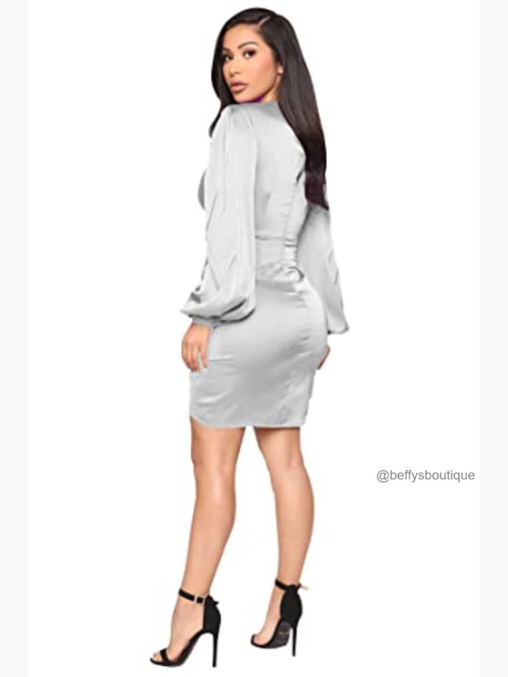 Twist Front Bodycon Midi Dress Long Sleeve Ruched Party Dress - Picture 2 of 7